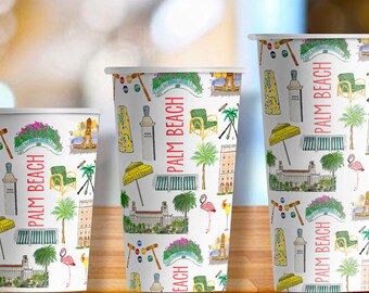 Iconic Palm Beach, FL Watercolor Hot/Cold Paper Party Cups - 3 sizes - Set of 12