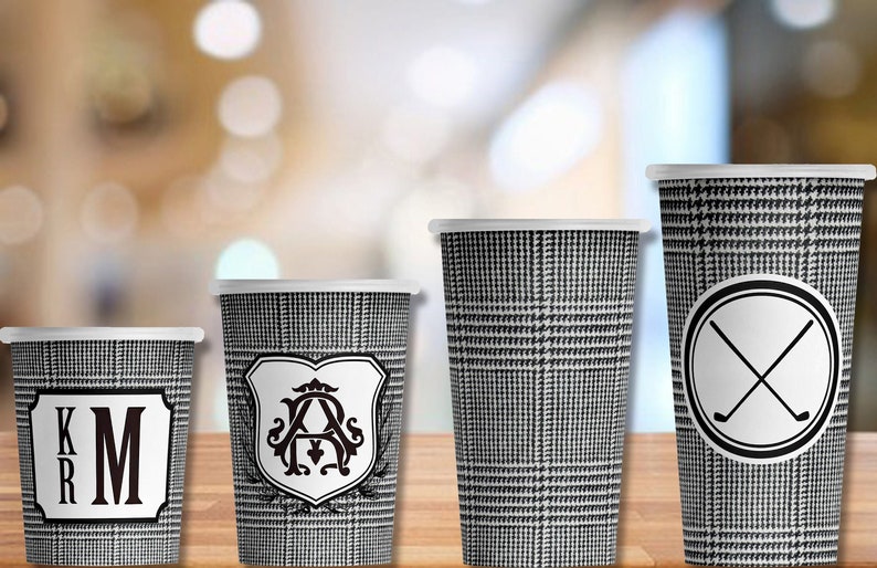 Monogram or Plain Black Prince of Wales Tweed Hot/Cold Paper Party Cups 4 sizes Set of 12 image 1