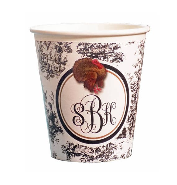 Personalized Toile and Turkey Thanksgiving Hot/Cold Paper Party Cups - Set of 12 Il_570xn