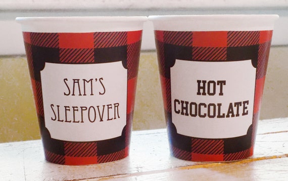 Personalized Red and Black Buffalo Plaid Hot/Cold Paper Party Cups - Set of 12 Il_570xn