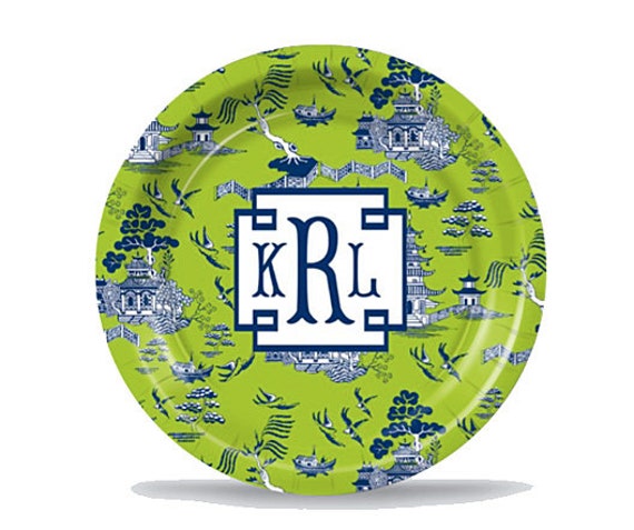 Kiwi and Navy Personalized Chinoiserie Toile Paper Plates - Set of 8 Il_570xn
