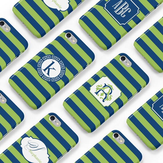 Kiwi and Navy Striped Monogram Tough Phone Cases Il_570xn