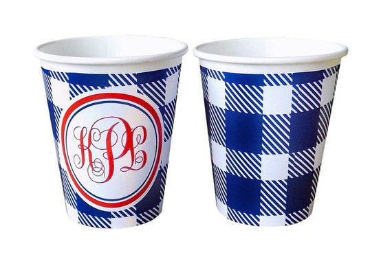 Plain or Personalized Navy Buffalo Plaid Hot/Cold Paper Party Cups - Set of 12 Il_570xn