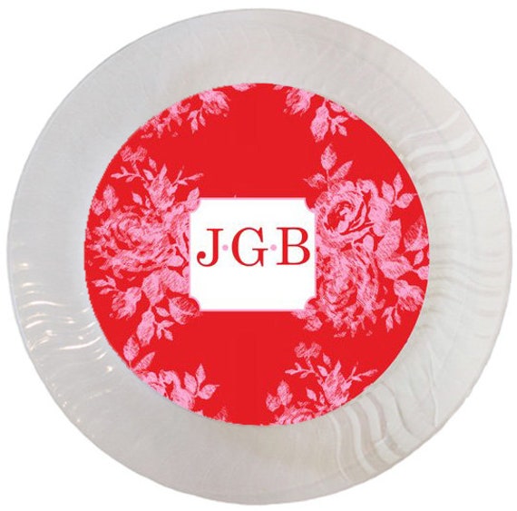 Pink and Red Rose Toile Plain or Personalized Plastic Plate - Set of 12 Il_570xn