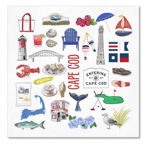 May include: Watercolor illustration featuring Cape Cod icons. Includes a red lobster, lighthouse, sailboat, beach chair, and the words "Cape Cod". Other elements include a bag, bridge, and ice cream cone.