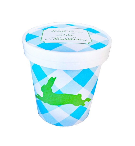 Large 16 oz. Personalized or Plain Aqua Gingham Bunny Ice Cream, Soup, Favor Cup with Lids - Set of 12 Il_570xn
