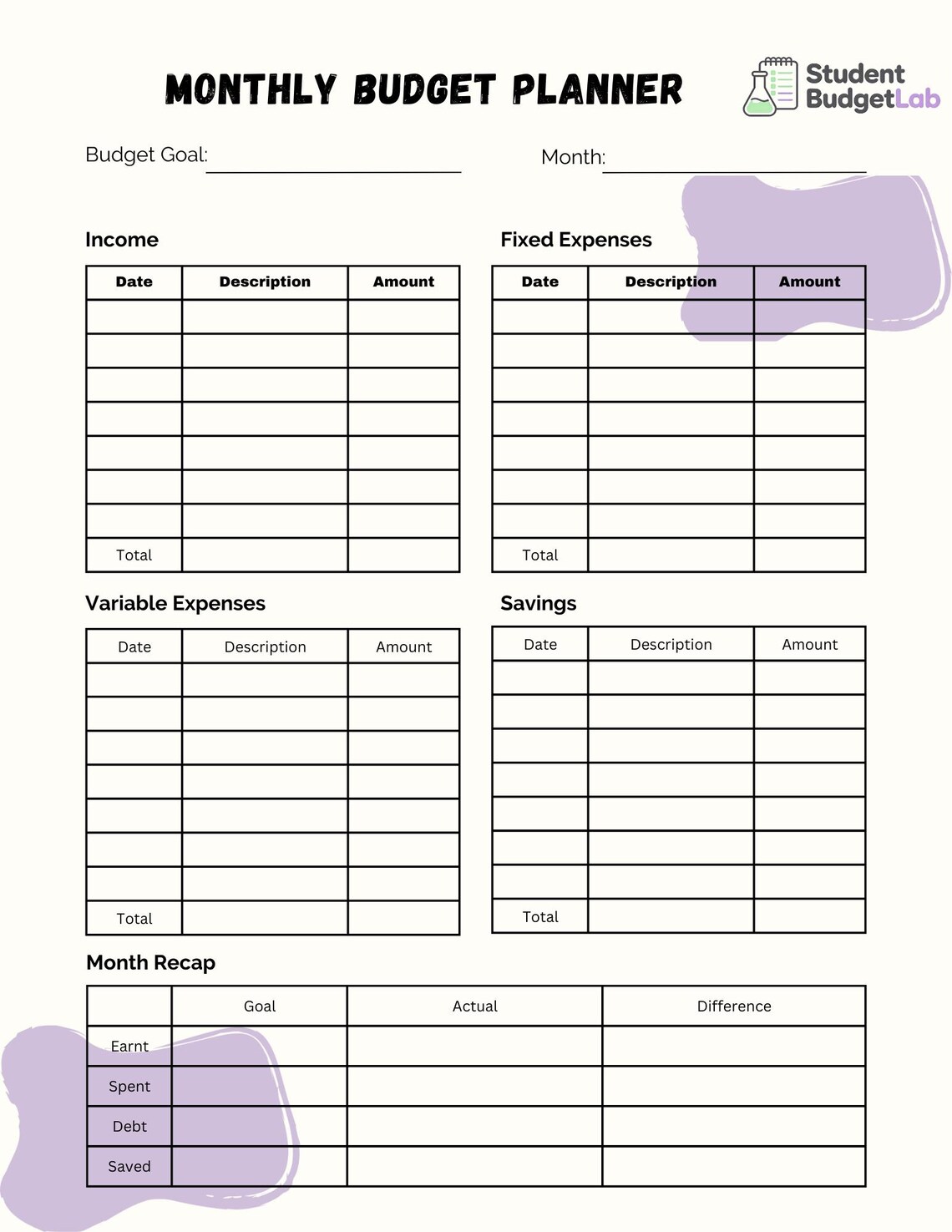 Student Monthly Budget Planner Printable | Editable PDF Template for ...