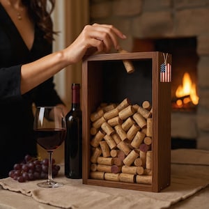 May include: A wooden wine cork display box filled with used corks. A hand is dropping a cork into the box. A bottle of wine and a glass of red wine are on the table. An American flag tag hangs on the box.
