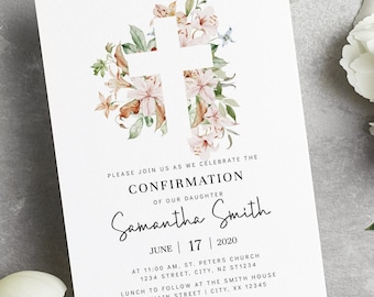 Blush Grün Bestätigung einladen, Blumenkreuz einladen, EDITIERBARE druckbare Mädchen Bestätigungseinladung BA03