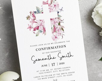 Rosa Konfirmation einladen, Blumenkreuz einladen, EDITIERBARE druckbare Mädchen-Konfirmationseinladung BA03