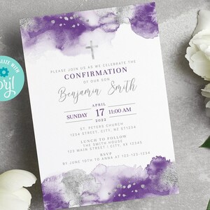 Invito per la Cresima Viola e Argento, Invito per la Prima Comunione MODIFICABILE, per Bambino, per Bambina, Religioso BA07-24