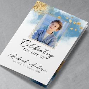 Funeral Program Template, Light Blue & Gold, Editable 4 Page Obituary, DIY Memorial Service Brochure, Watercolor Design BA07-8