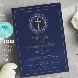 Cross Baptism Invitation, EDITABLE Boy Christening Invite Template, Navy Chalkboard, Gold, Ornamental BA10-5