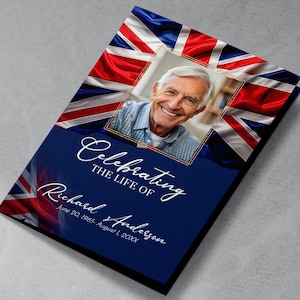 Mall för begravningsprogram för brittisk flagga, Union Jack, redigerbar dödsannons på 4 sidor, broschyr för minnesgudstjänst, gör-det-själv-broschyr, Fu28-1