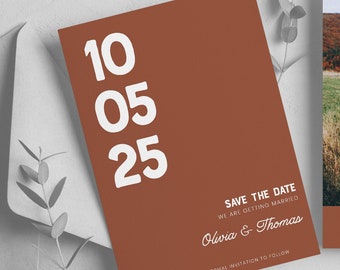 Minimal Save The Date Card with Photo, Terracotta, EDITABLE Boho Wedding Save Our Date Invite Template, DIY, Rust WE4