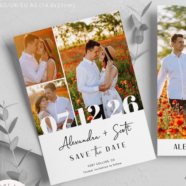 Simple Rustic Save The Date Announcement Template, Multiple Photo Card, EDITABLE Minimal Save Our Date Invite, DIY, Modern, Photo Collage P3