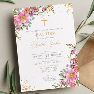 Floral Baptism Invitation, Pink & Gold, EDITABLE Girl Christening Invite Template, Spring, Summer, Flower Baby Dedication  G1-3