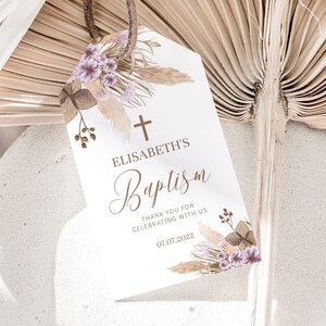 Boho Baptism Favor Gift Tag, EDITABLE Floral Christening Thank You Tag, Girl Communion, Rectangular Gift Bag Tag Template BA05-1