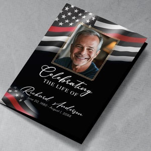 May include: A black and gold funeral programme template with a red, white and blue American flag design. The template includes a photo placeholder, the text "Celebrating the Life of", a name, and dates.