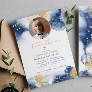Tarjeta de invitación para la primera comunión de un niño, plantilla de invitación para la primera comunión EDITABLE, foto pequeña, cáliz, azul marino y dorado, acuarela BA07-2