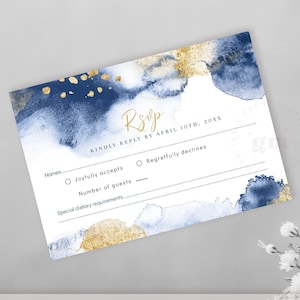 Modèle de carte RSVP, carte-réponse MODIFIABLE bleu marine et or pour garçon, baptême, communion, mariage, aquarelle BA07-2