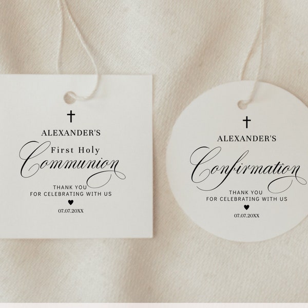 Calligraphy Communion Favor Tag, Circle & Square, EDITABLE Confirmation Thank You Tag, Round Favor Sticker TEMPLATE, Elegant Baptism  WE1-1