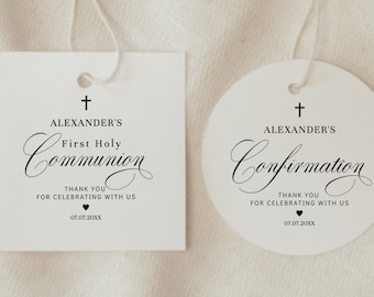 Calligraphy Communion Favor Tag, Circle & Square, EDITABLE Confirmation Thank You Tag, Round Favor Sticker TEMPLATE, Elegant Baptism  WE1-1