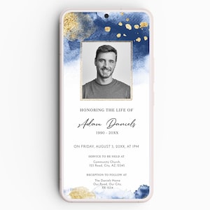 Carte de visite funéraire bleu marine et or, modèle de faire-part de service commémoratif aquarelle modifiable, invitation virtuelle célébration de la vie, BA07-2