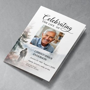 Funeral Program Template, Hunter in Woods, Editable 4 Page Obituary, DIY Memorial Service Brochure Mountains Fu27