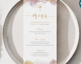 Różowe, wysokie menu obiadowe, edytowalny szablon menu na komunię dla dziewczynek, dekoracja stołu na przyjęcie chrzcielne do druku BA07-26