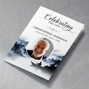 Programme d&#39;obsèques de pêcheur de 4 pages, modèle de nécrologie modifiable de rivière et de bateau, brochure à deux volets, service commémoratif bricolage, homme, pêche FU29-1