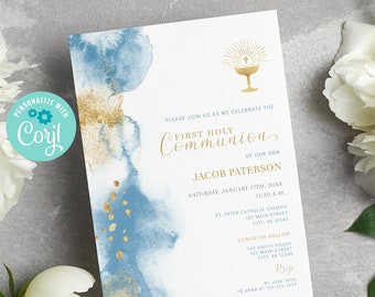 Boy Communion Invitation with Chalice, Dusty Blue & Gold, EDITABLE First Holy Communion Invite Template, Watercolor, Catholic BA07-8