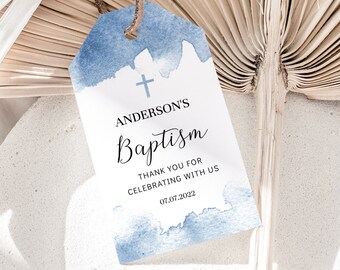 Blue Baptism Favor Tag, EDITABLE Christening Thank You Tag, Rectangular Communion Favor Tag Template, Blue Boy Baptism BA01-1