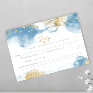 Modèle de carte RSVP, carte-réponse MODIFIABLE bleu clair et or pour garçon, baptême, communion, mariage, aquarelle BA07-8