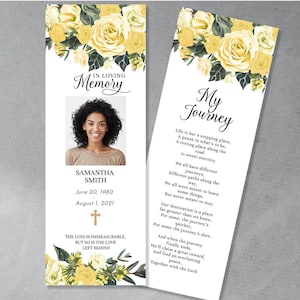 Roses Funeral Bookmark Template, Editable Floral Memorial Keepsake, DIY Garden Celebration of Life, Yellow FU9-3, FU10-3