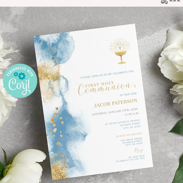 Boy Communion Invitation with Chalice, Dusty Blue & Gold, EDITABLE First Holy Communion Invite Template, Watercolor, Catholic BA07-8