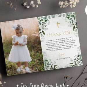 Greenery Thank You Photo Card, MODELLO MODIFICABattesimo Bomboniera, Battesimo, Comunione, Genere Neurale, Bambino, Bambina BA14-1