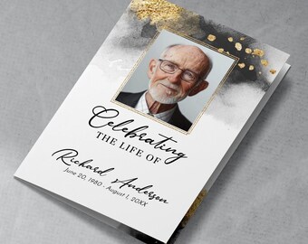 Funeral Program Template, Black & Gold, Editable 4 Page Obituary, DIY Memorial Service Brochure, Watercolor Design BA07-15