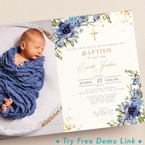 Modèle d'invitation photo baptême garçon, floral bleu marine et or, invitation de baptême garçon verdure MODIFIABLE, carte photo G1-5