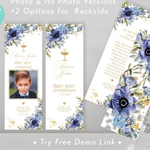 Marcador floral de primera comunión con cáliz, plantilla de tarjeta de oración para niño editable, recuerdo de primera comunión, obsequios imprimibles, azul marino G1-5