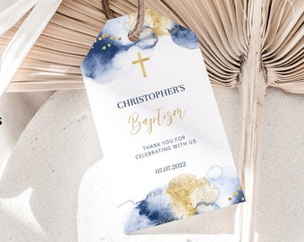 Navy Gold Baptism Favor Tag, EDITABLE Boy Christening Thank You Tag, Rectangular Communion Favor Tag Template, Watercolor Baptism BA07-2