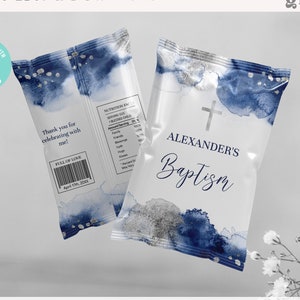 May include: Blue and silver watercolor favor bag with a cross and the text "Alexander's Baptism".
