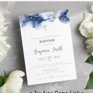 Navy & Silver Christening Invitation, Editable Boy Watercolor Baptism Invite Template, Dedication Invite  BA07-1