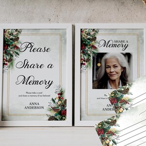 冬をテーマにした葬儀の思い出のサインとカードのテンプレート、クリスマスのメモリアル記念品、編集可能な葬儀の装飾 FU22