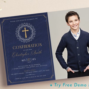 Cross Confirmation Photo Invite Card, Navy & Gold, EDITABLE Boy Confirmation Invitation Template, for Male, Chalkboard, Ornamental BA10-5