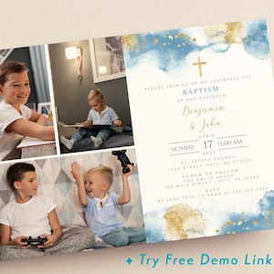 Faire-part photo pour baptême commun entre frères et sœurs, modèle d'invitation de première communion garçon imprimable modifiable, baptême aquarelle bleu bébé BA07-8