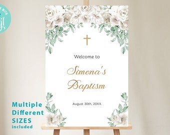 White Flowers Baptism Welcome Sign, EDITABLE Floral Communion Poster Template, Gender Neutral, Girl, Boy, Greenery Confirmation, TH05-2