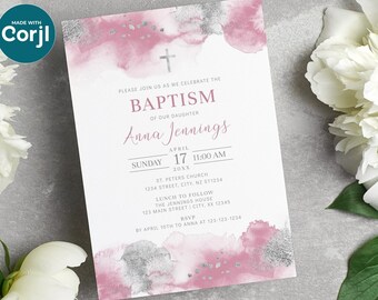 Girl Christening Invite, Pink & Silver, EDITABLE Baptism Invitation Template, Baby Dedication, Watercolor, Religious Invite BA07-3