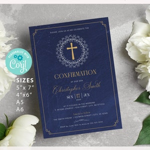 Cross Confirmation Invite, Navy & Gold, EDITABLE Boy Confirmation Invitation Template, for Male, Chalkboard, Ornamental BA10-5