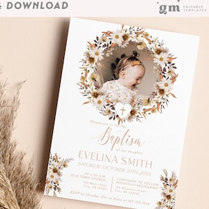 Cartão de convite com foto para batismo de outono, flores silvestres de outono, modelo de convite com foto rústica para batismo EDITÁVEL, Ação de Graças, guirlanda TH06-2
